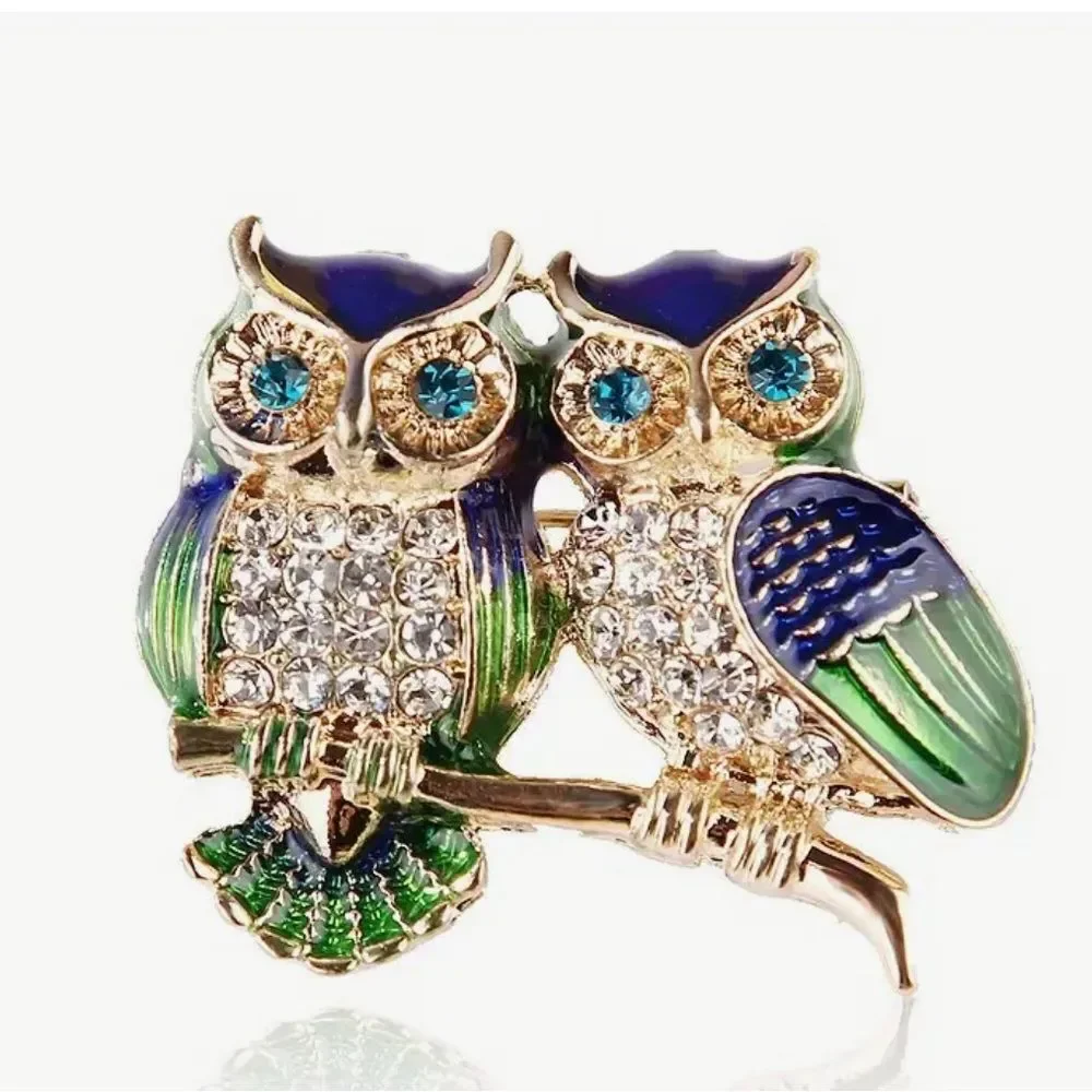 Whimsical Green & Blue Owl Brooch with Crystal Accents